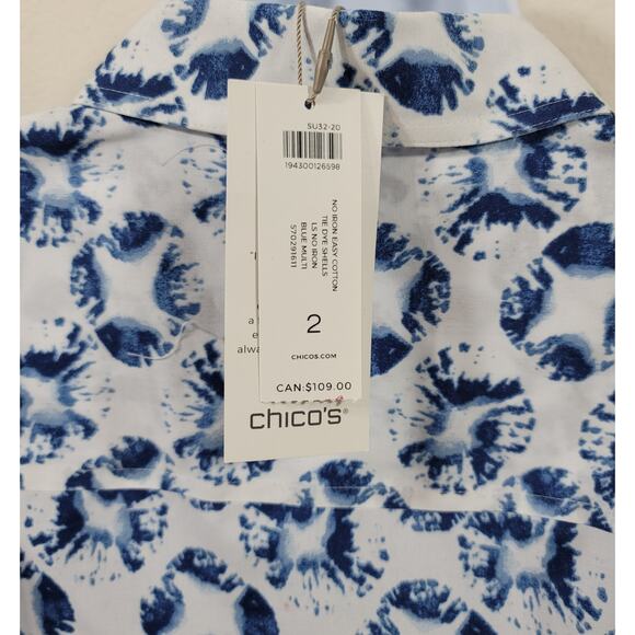 Chico's Blue Tie Dye Shells Henley No Iron Top 2 Large Lightweight New With Tags - Picture 2 of 8